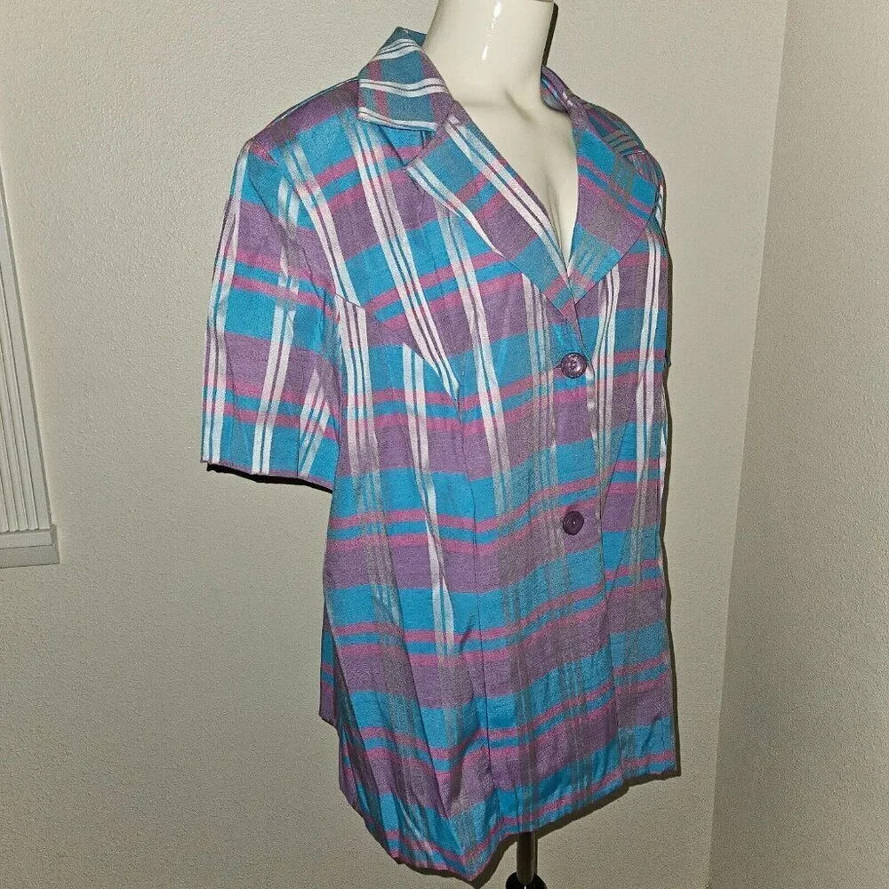 NEW VTG Sweet Suit Woman Blue Purple Plaid Blazer Jacket Size 24W Short-Sleeves